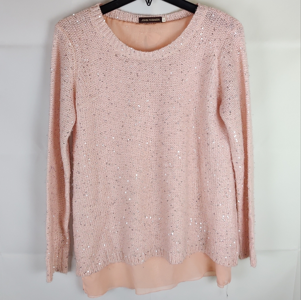 John Fashion Sequins Sweater Pullover Womens M Preppy Soft Girl Candy Girl Fall